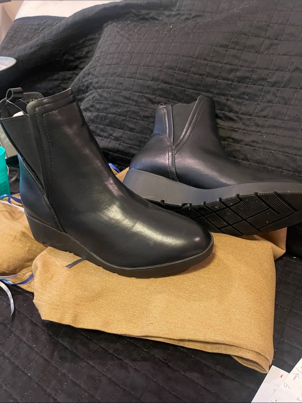 taryn rose black wedge leather boots new sz 9 M